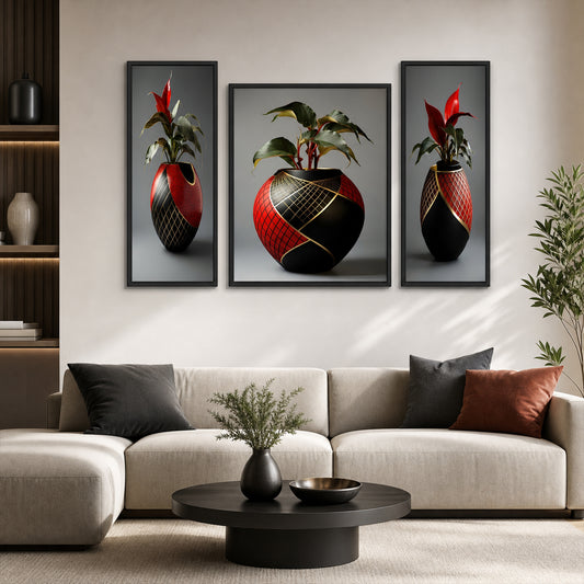 Flower Vase 3 Panel Mdf Wall Frame Home Decor Floral Art 16.5x12in (1 Pc)