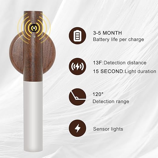 Glass Wood Motion Sensor LED Night Light, Motion Activated,Wall Lights Battery Operated,Rechargeable Wall Lights,Wireless Wall Light,Suitable For Corridors, Stairs, Bedrooms, Brown