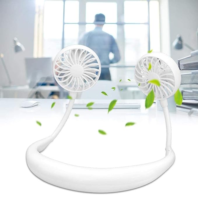 Mini Hand Free Portable Neckband Fan with Light, USB Rechargeable Lazy Neck Hanging Fan for Headphone Design Portable Hanging Neck Fan for Women Rechargeable Neck Fan Band (White)