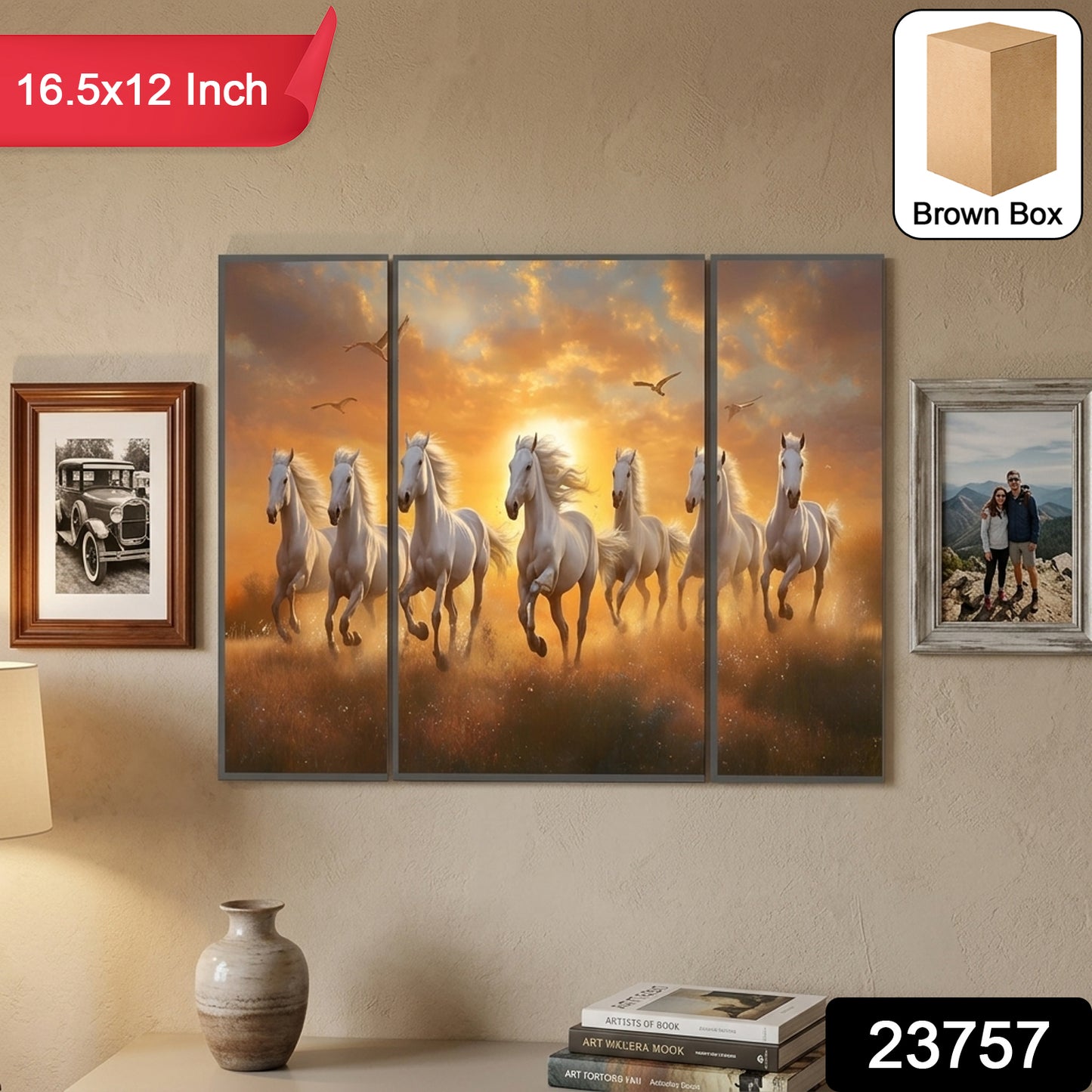 Horses Sunset 3 Panel Mdf Wall Frame Wall Art Painting 16.5x12in (1 Pc)