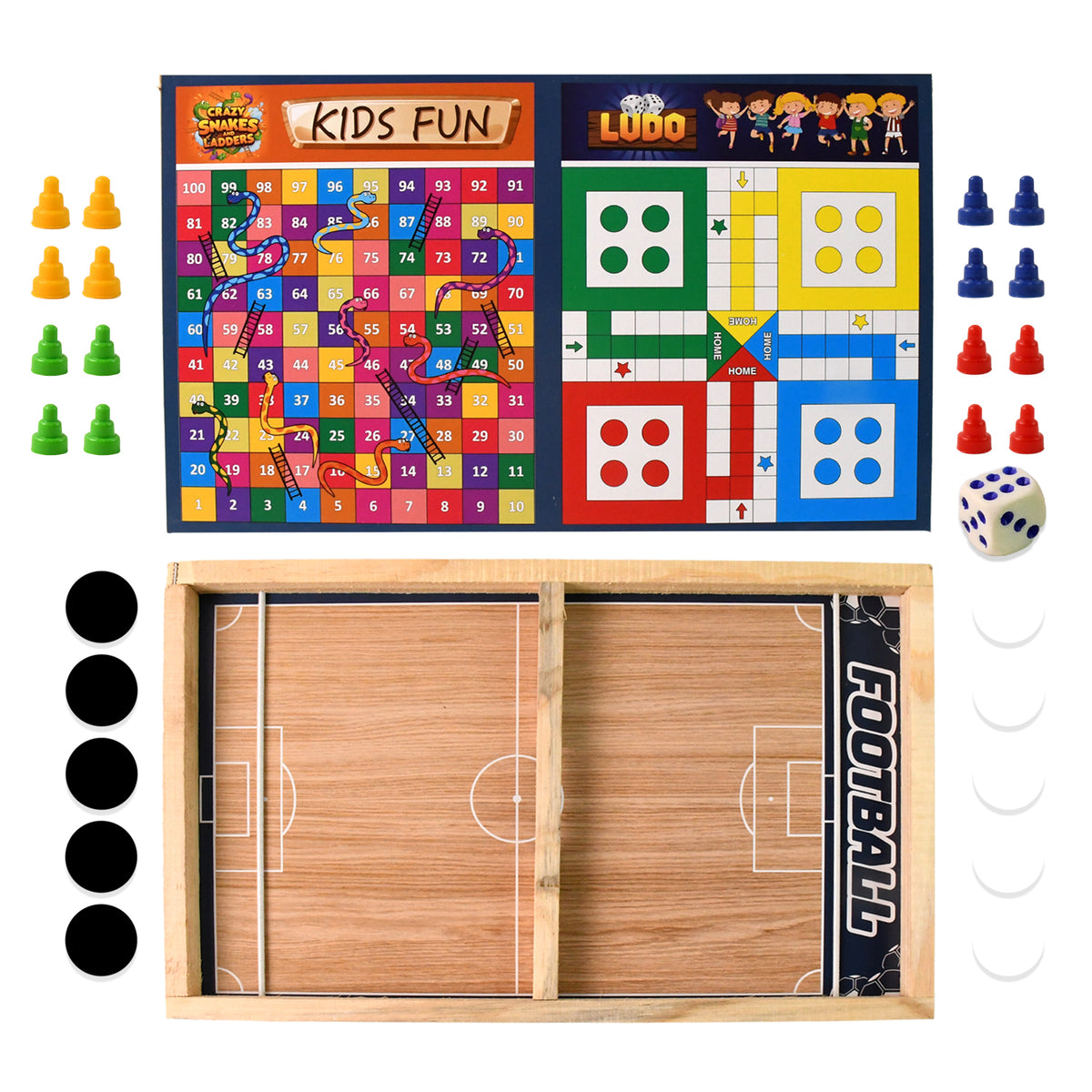 Wooden Board Game Set  Ludo Snakes  Ladders And Desktop Football (3-in-1)